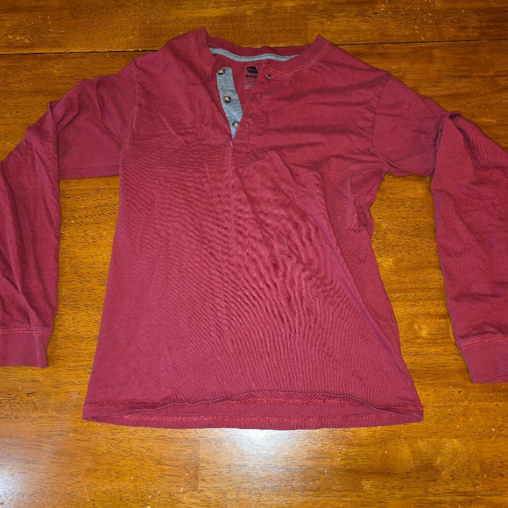 Hanes Beefy-T Men's Size Sm Red Cotton Long Sleeve Shirt Half Button